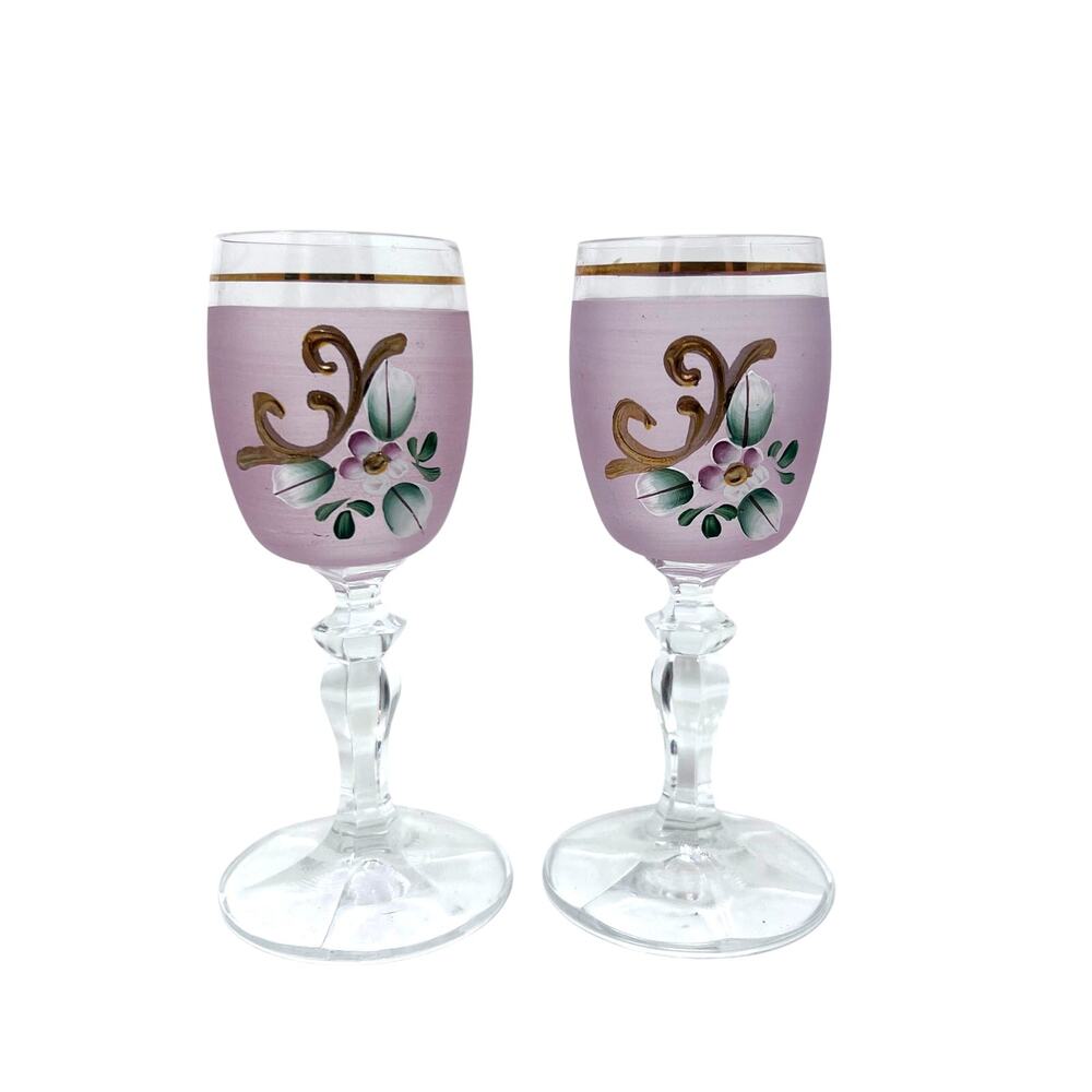 Hand Painted Bohemian Pink Cordial Glasses Set of 2‎ Gold Trim Flower VTG